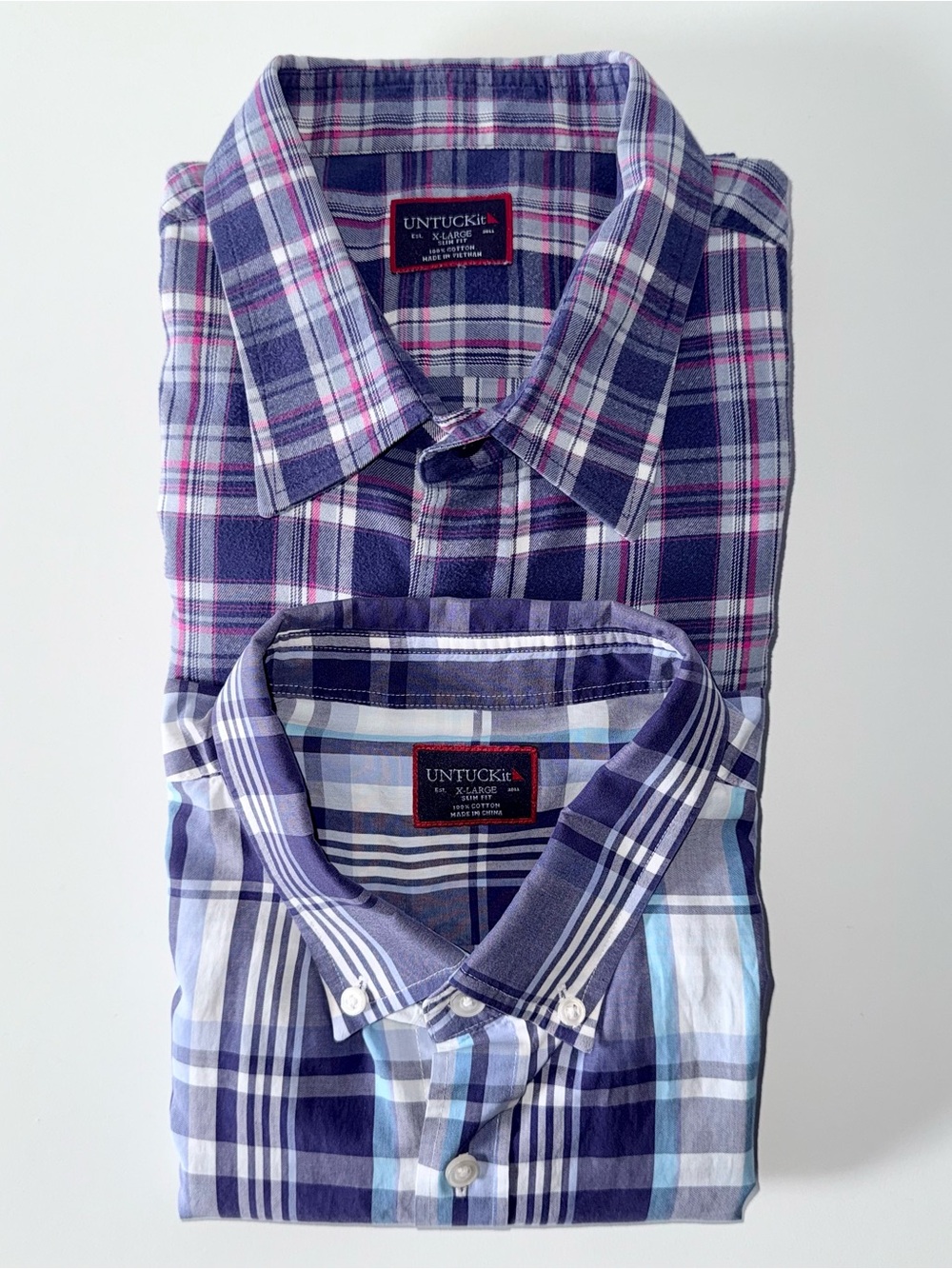 Lot of 2 UNTUCKit Button Down Shirts Men's XL Blue Purple Plaid Slim Fit